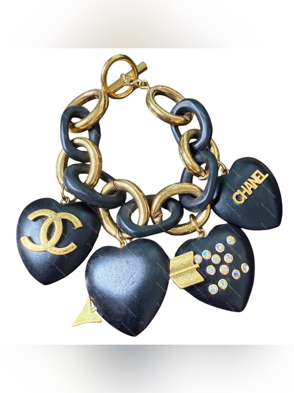 CHANEL Rare Wood Vintage Black and Gold Heart Charm Bracelet
